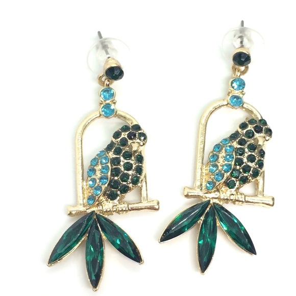 3/$30 RHINESTONE PARROT BIRD EARRINGS BLUE GREEN GOLD TONE TROPICAL DANGLE DROP - Picture 10 of 14